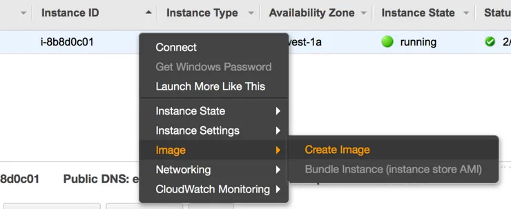 Creating a new AMI from an EC2 instance.