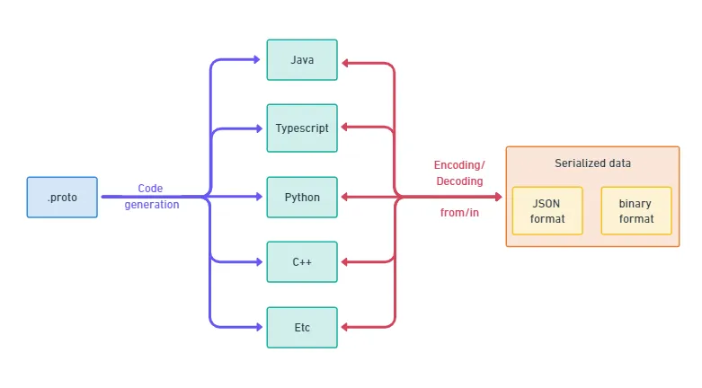 Compilation possibilities: from .proto to Java, Javascript and much more and then serialized formats.