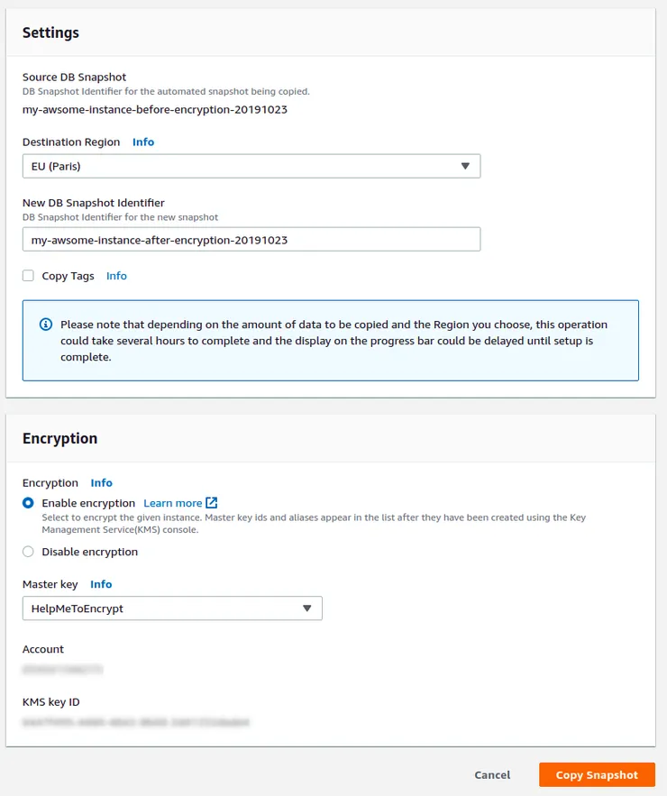 Details of snapshot copy of RDS database