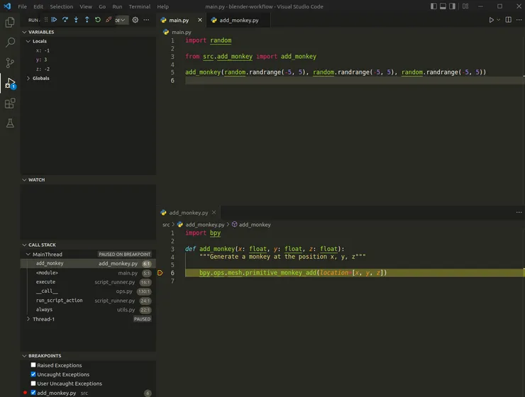 A screenshot from VSCode stopped on a breakpoint while debugging a Blender Python code