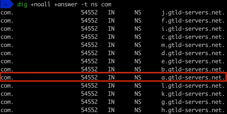 Result of dig command on TLD .com