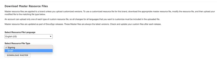 Docusign branding with master resource files enable full customization of emails and eSignature interface