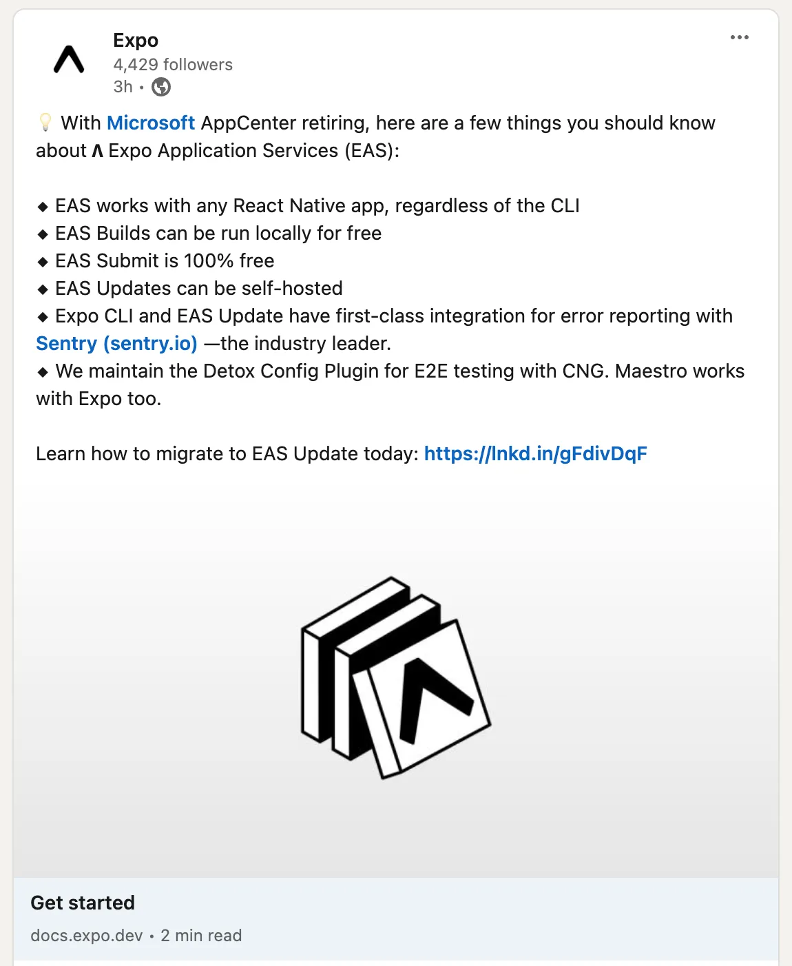 Expo&#x27;s post on LinkedIn around App Center being shut down