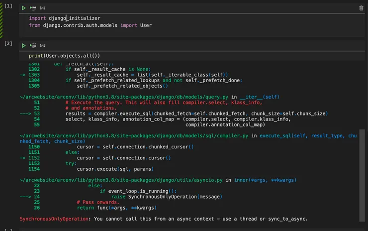 Screenshot of .ipynb file with cells run and SynchronousOnlyOperation error message