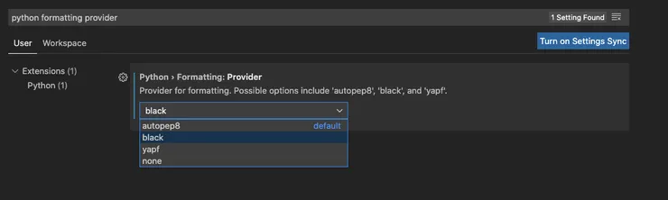 Screenshot of VSCode selecting black as default python formatter