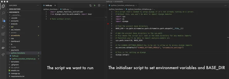 Side by side screenshot of hello.py (empty) and django_initialiser.py