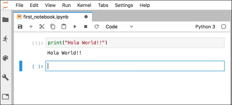 Screenshot of Hello World script in an empty Jupyter Notebook