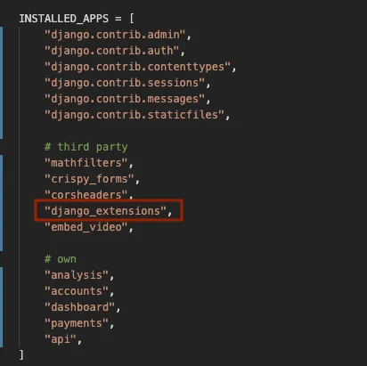 Screenshot of settings.py file with django_extensions string text inside the INSTALLED_APPS section