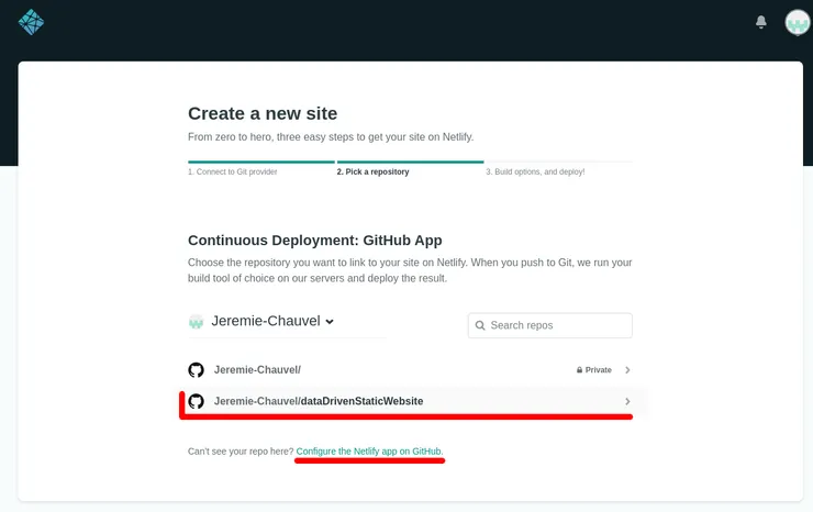 Select your repository to publish with Netlify