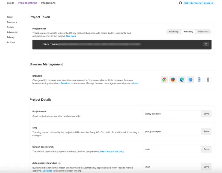 Percy settings interface