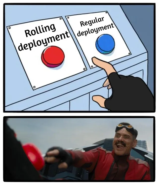 Man pressing Rolling Deployment button over Regular Deployment one