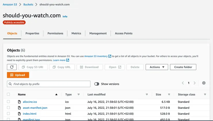 A screenshot of Amazon S3 bucket where I added my files