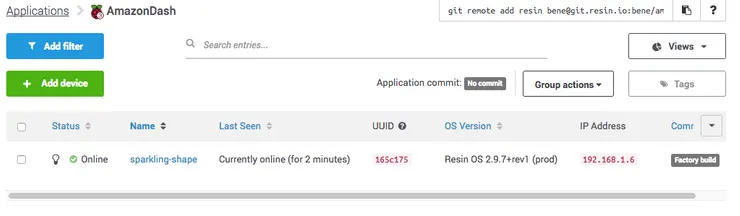 Resin.io dashboard showing a device.