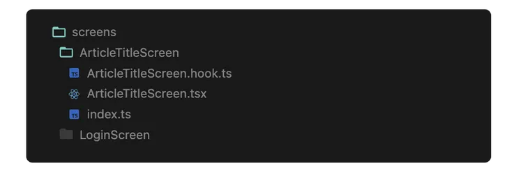 Screens folder structure with a hook and rendering file within each screen subfolder