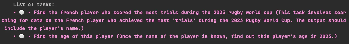 List of tasks: / TODO 1. Find the french player who scored the most trials during the 2023 rugby world cup (This task involves sear ching for data on the French player who achieved the most &#x27;trials&#x27; during the 2023 Rugby World Cup. The output should include the player&#x27;s name.) / TODO 2. Find the age of this player (Once the name of the player is known, find out this player&#x27;s age in 2023.)