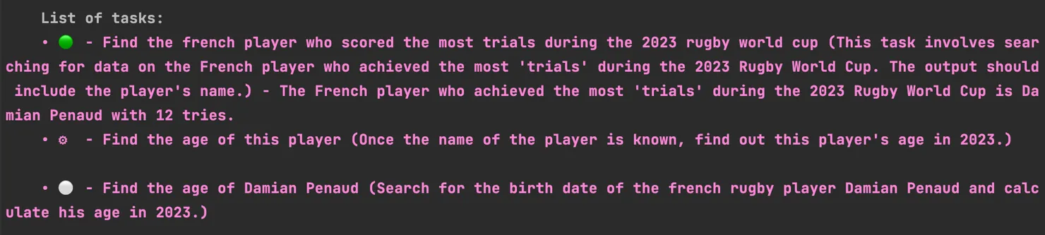 List of tasks: DONE 1. Find the french player who scored the most trials during the 2023 rugby world cup (This task involves sear ching for data on the French player who achieved the most &#x27;trials&#x27; during the 2023 Rugby World Cup. The output should include the player&#x27;s name.) - The French player who achieved the most &#x27;trials&#x27; during the 2023 Rugby World Cup is Da mian Penaud with 12 tries. / DOING 2. Find the age of this player (Once the name of the player is known, find out this player&#x27;s age in 2023.) / TODO 3. Find the age of Damian Penaud (Search for the birth date of the french rugby player Damian Penaud and calculate his age in 2023.)