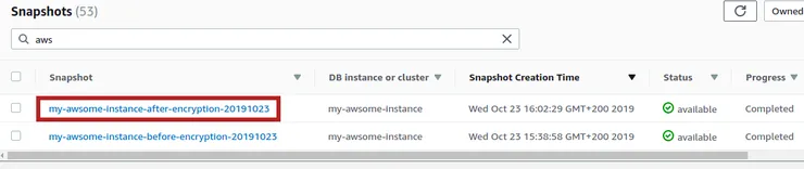 List RDS database snapshots after encryption