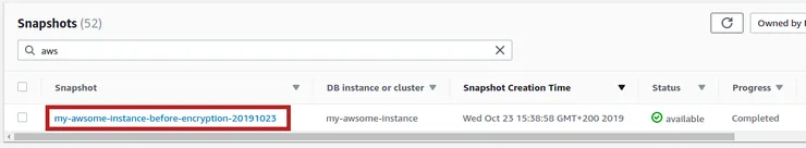 List RDS database snapshots before encryption