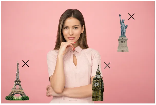 Woman in a pink dress with stickers that have crosses in the top right corner