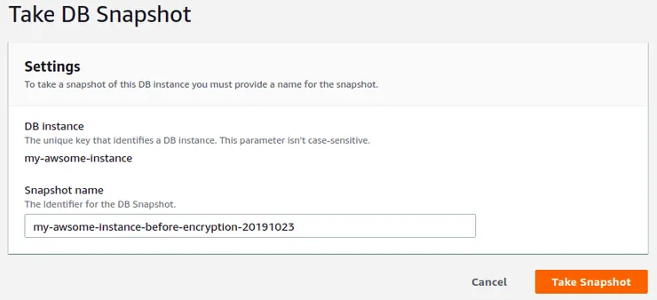 Confirm snapshot of RDS database