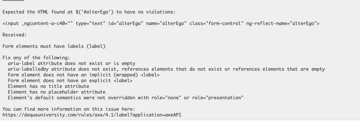 Test output from Jasmine: a label is missing on the input.