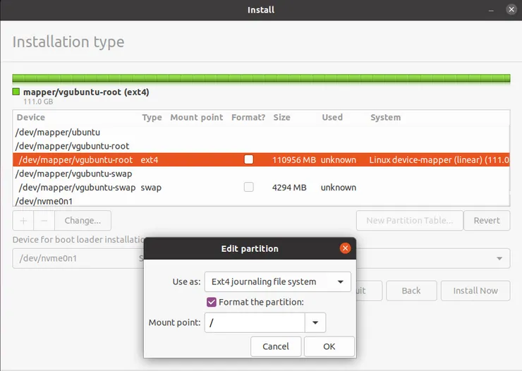 Root partition settings