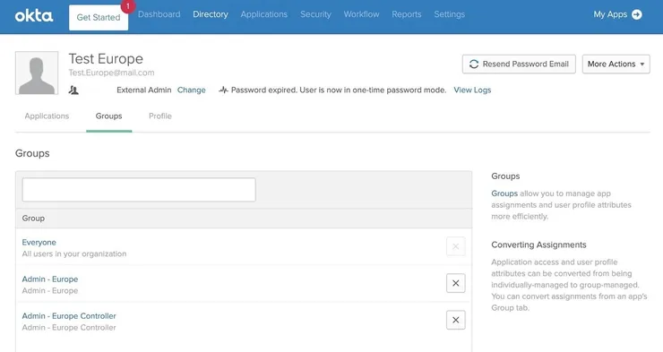 Example of a user in Okta